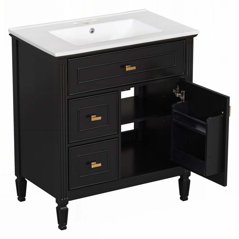 30" Bathroom Vanity with Sink, Bathroom Vanity Cabinet with One Flip Drawer and Two Drawers, Adjustable Shelf, Black