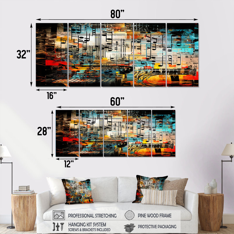 Collage rétro musicales - musique, art mural 5 pièces, H 32 po x l 80 po