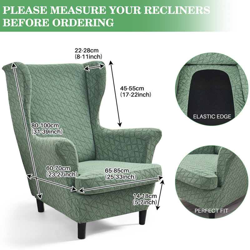 Housse extensible 2 pièces pour fauteuils à oreilles - Housse de canapé en jacquard spandex avec fond élastique, Vert