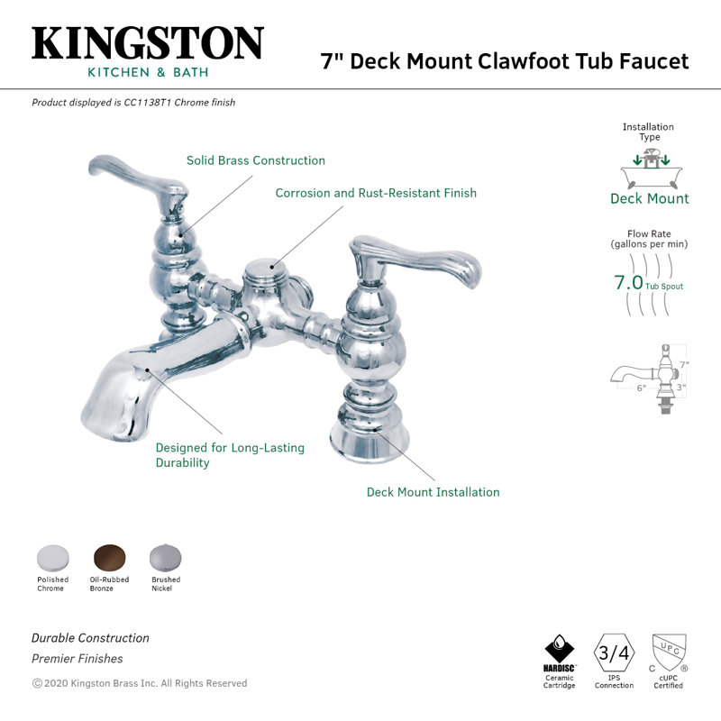 Robinet de baignoire sur pattes à deux poignées et fixation à deux trous sur le comptoir Kingston, Nickel brossé