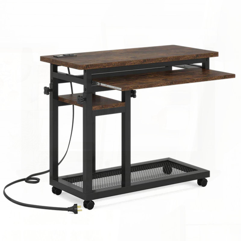 Table mobile en C avec station de charge et plateau à clavier - Hauteur réglable