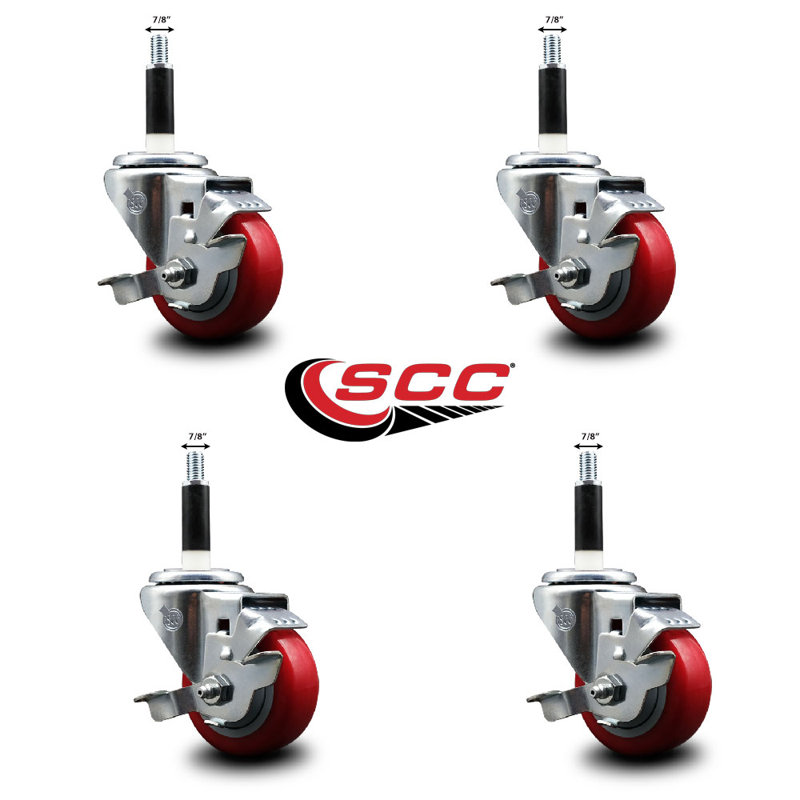 Ensemble de roulettes extensibles pivotantes en poly 3 po 7/8 po rouge avec frein SCC