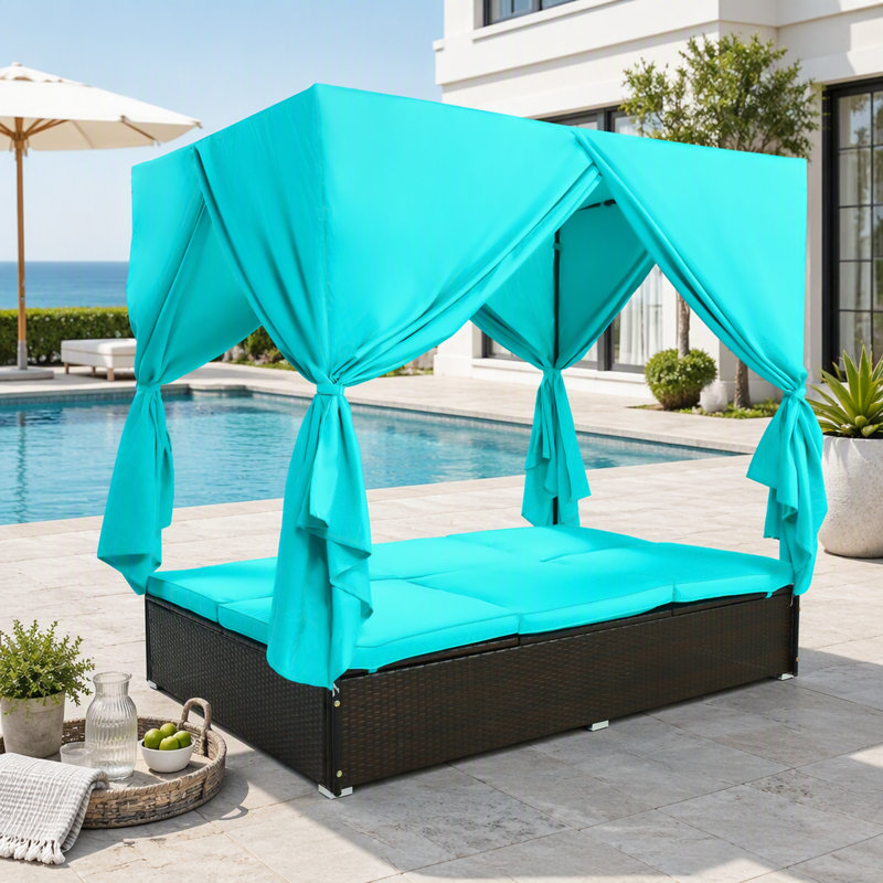 Double chaise longue d'extérieur, lit de bronzage d'extérieur avec dossier réglable, structure en acier pour la cour arrière, près de la piscine