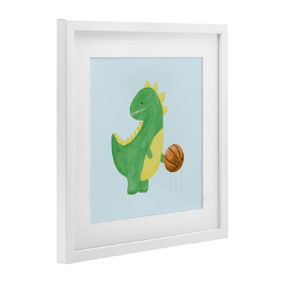 Baby Dino & Basketball Framed Print Under Glass, design by Lucille Price