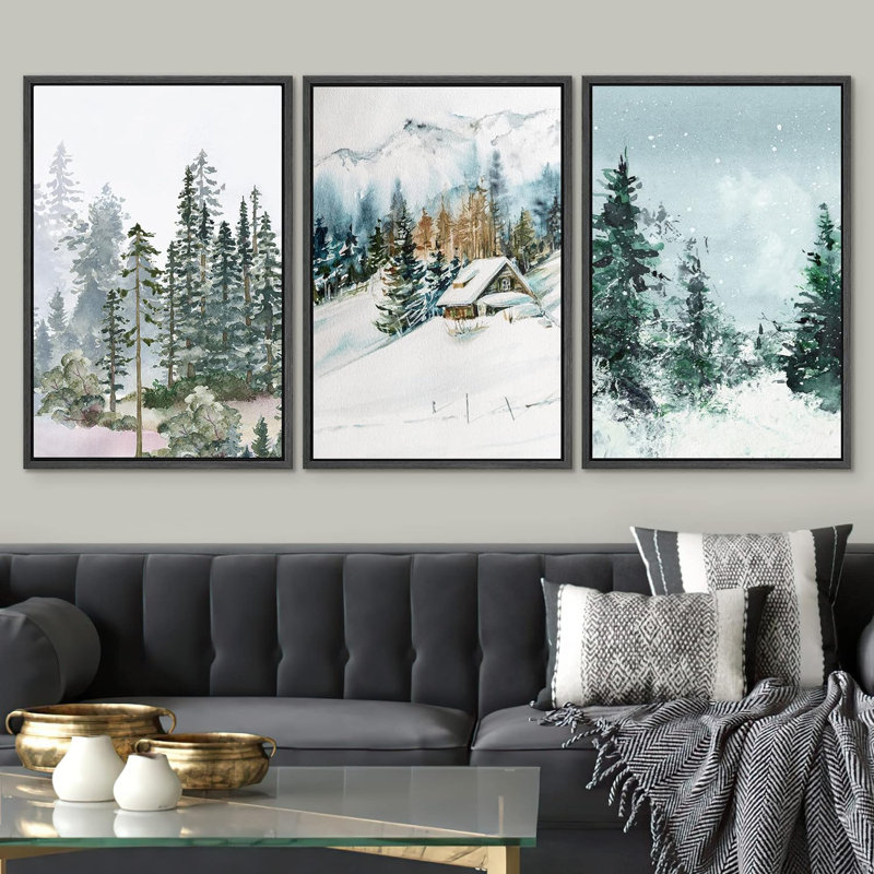 «Woodland Forest Landscape Winter Snow Pine Tree Forest Cabin», impression sur toile 3 pièces, Noir