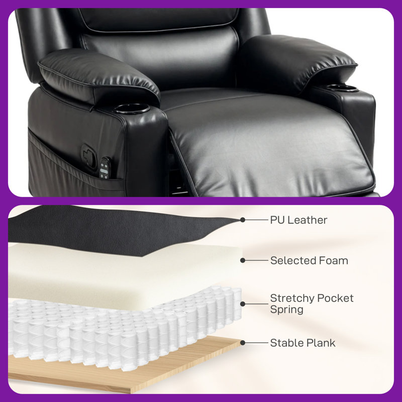 Power Massage Recliner Chair with Heat & Footrest - Swivel Rocker, Storage Pockets, 8-Point Vibration, Black