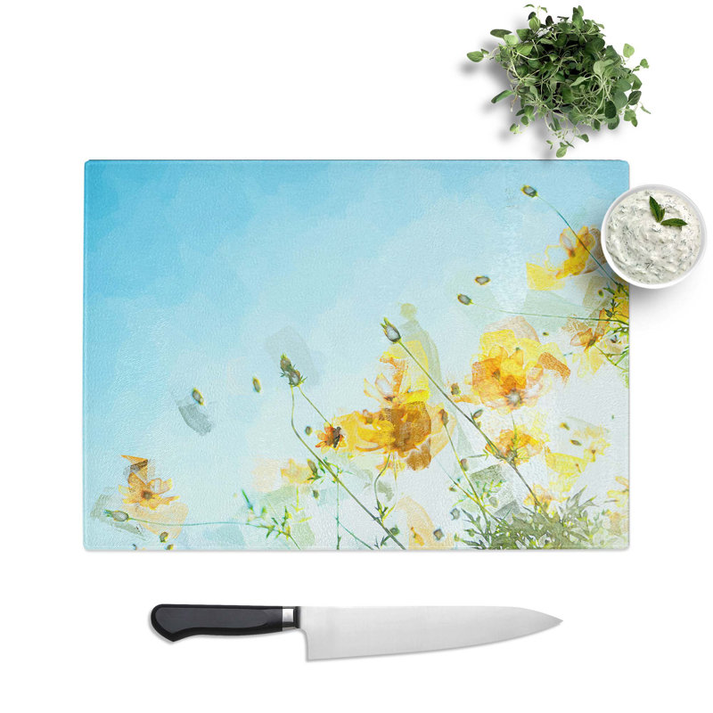 Tempered Glass Yellow Flowers in Abstract Chopping Board, 28.5 cm W x 20 cm L
