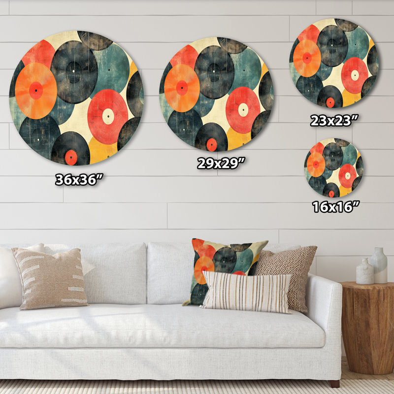 Rétro cercles de vinyle - art mural rond grand divertissement, L 23 po x H 23 po