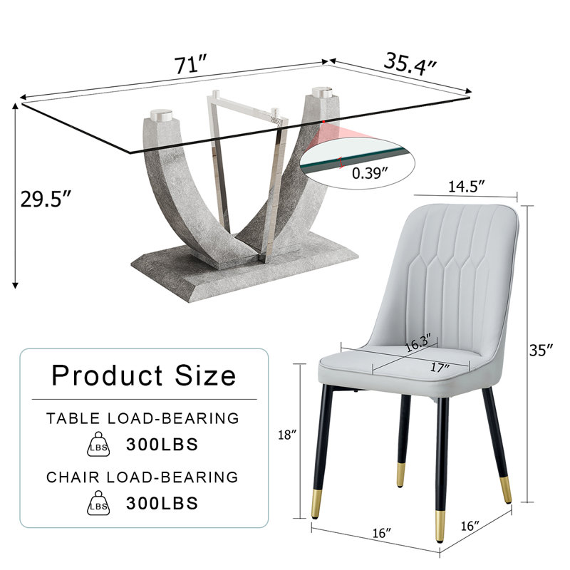 71'' Modern Glass Dining Table Set For 6-8,Ideal For Family Gatherings, 9 Pieces: Table, 8 Chairs, Gray