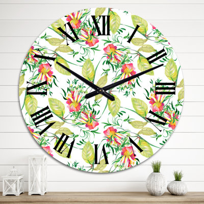 Horloge murale à motif de fleurs rouges et de feuilles vertes
