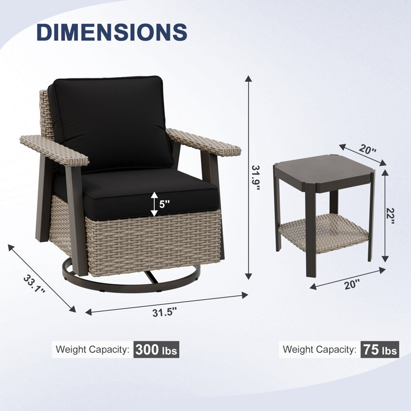 Ensemble de conversation d'extérieur 2 pièces avec chaises berçantes pivotantes en osier et table d'appoint, Noir