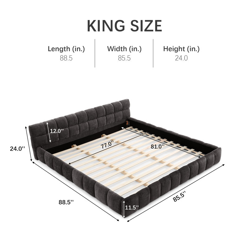 Chenille Upholstered Bed Frame With Headboard, Grey, King