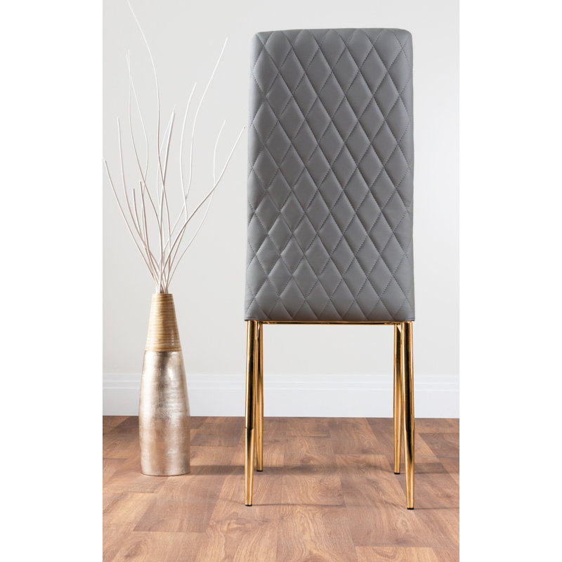 Lenworth Glass Rectangular Dining Table Set with 6 Luxury faux Leather Quilted Dining Chairs, Grey/Gold
