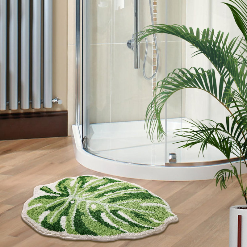  Green Leaf Mat, Large Monstera Cute Non Slip Palm Shaped Plush Fun Kitchen, Bathroom Bathtub Rugs Machine Washable（26"x21"）
