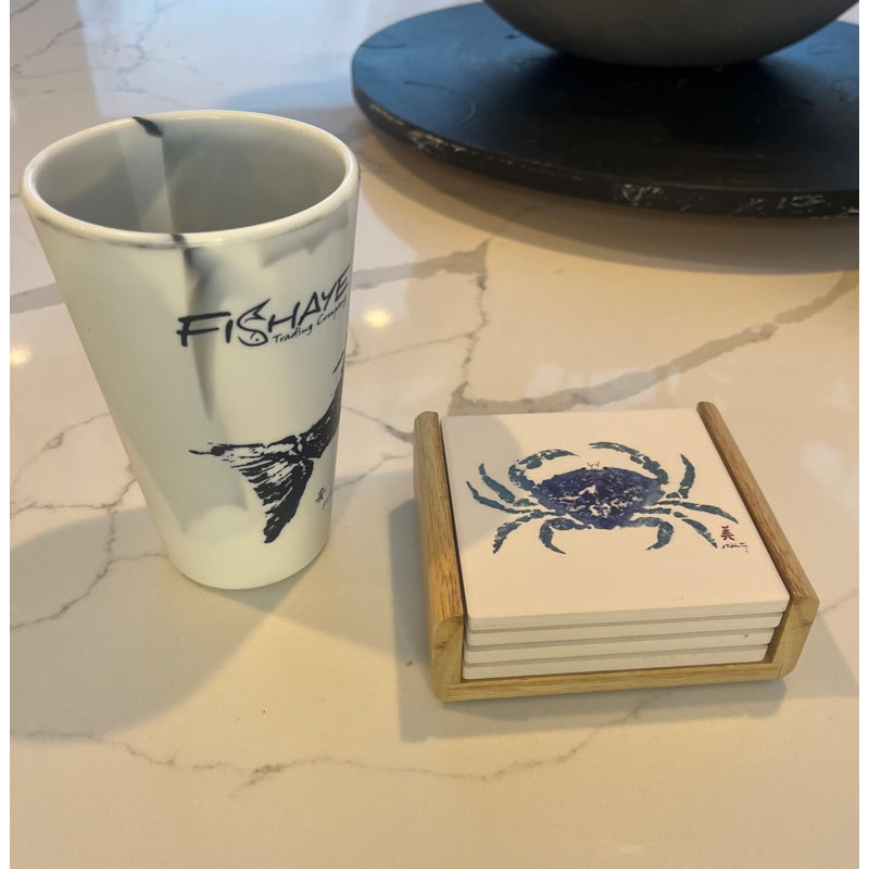 Coaster Set (4x4) – w/ the wood caddy holder, Blue Crab