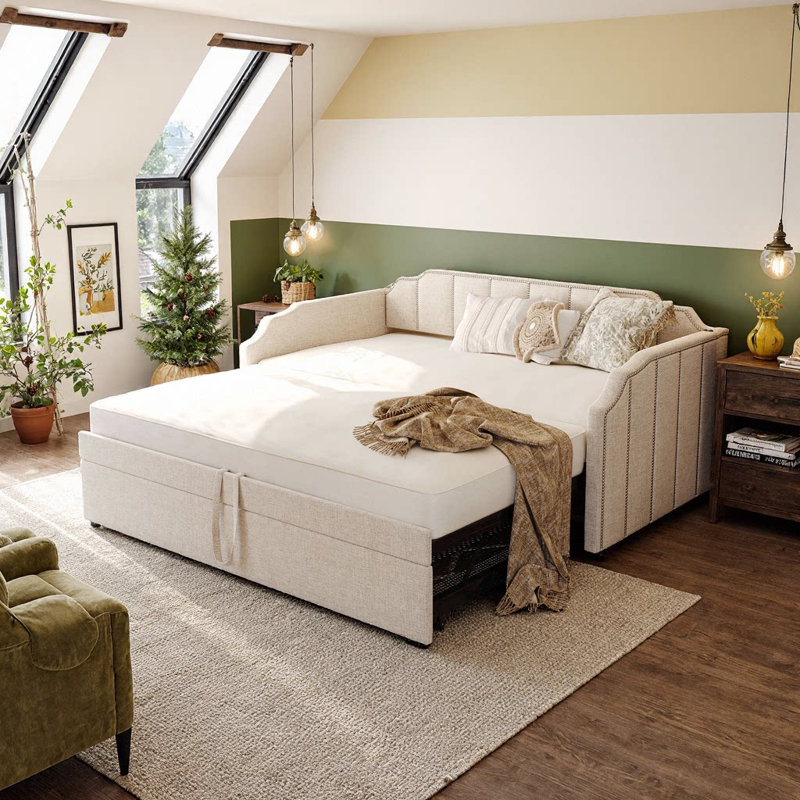 Lit de jour simple UnaAlba avec lit gigogne escamotable et ports USB, canapé-lit rembourré pour espaces compacts, Beige