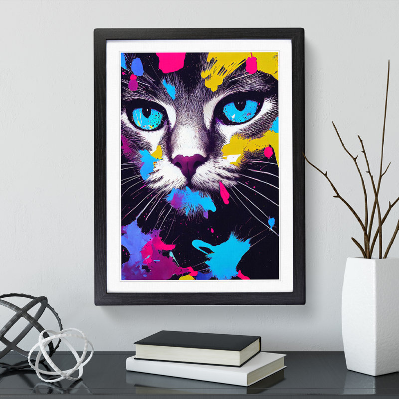 Cat Splashed In No.3 - Single Picture Frame Painting, Black, 64cm H x 46cm W x 2cm D