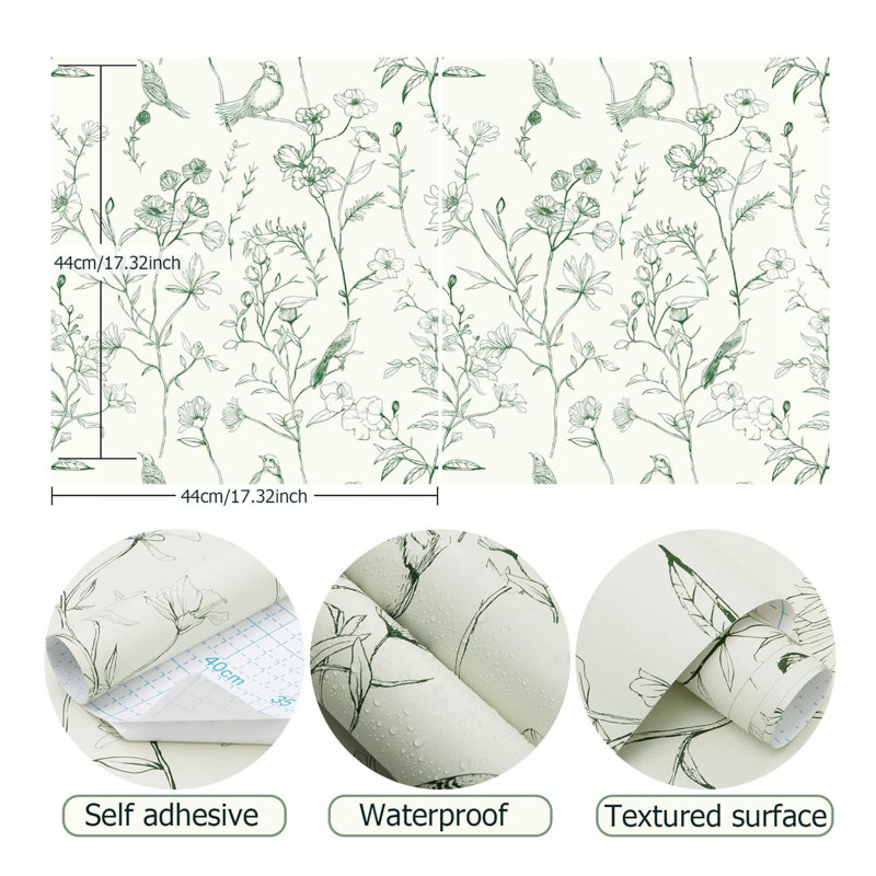 Self Adhesive Wallpaper, Floral Contact Paper, Beige Green Flower Bird Pattern, Waterproof Self Adhesive Vinyl Wallpaper, 44 CM x 10 M