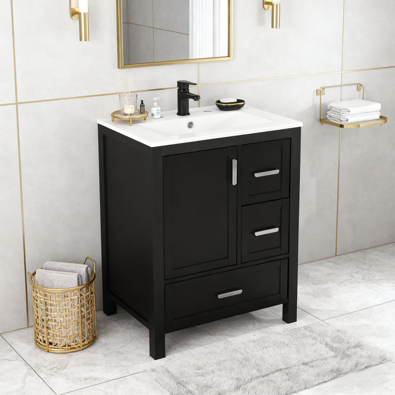 Bathroom Vanity with Ceramic Sink, Double-Layer Door Shelf and 3 Drawers, Black/Silver