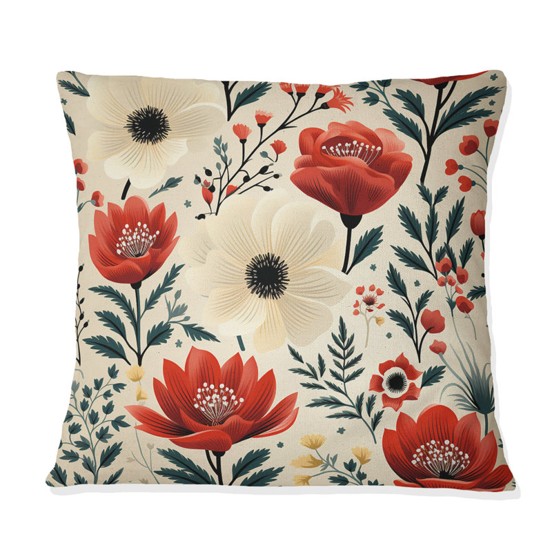 Red And Beige Retro Floral Pattern - Floral Printed Throw Pillow, 16"H x 16"W