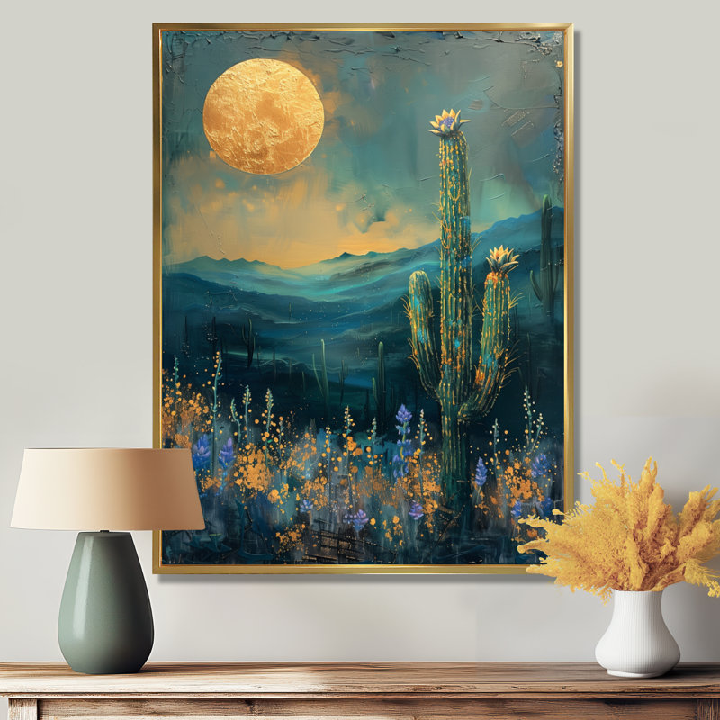 Cactus vert, orange, désert, éveil, coucher de soleil - décoration murale cactus floral, Toile avec cadre flottant or
