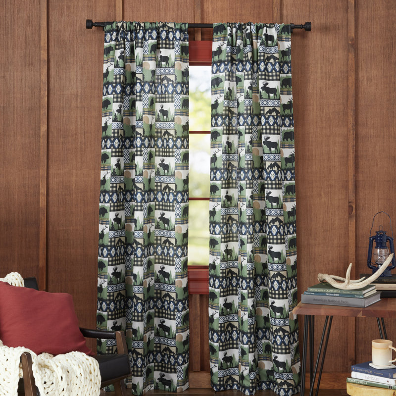 Green and Blue Rustic Plaid Moose Lodge Curtain Panel Pair