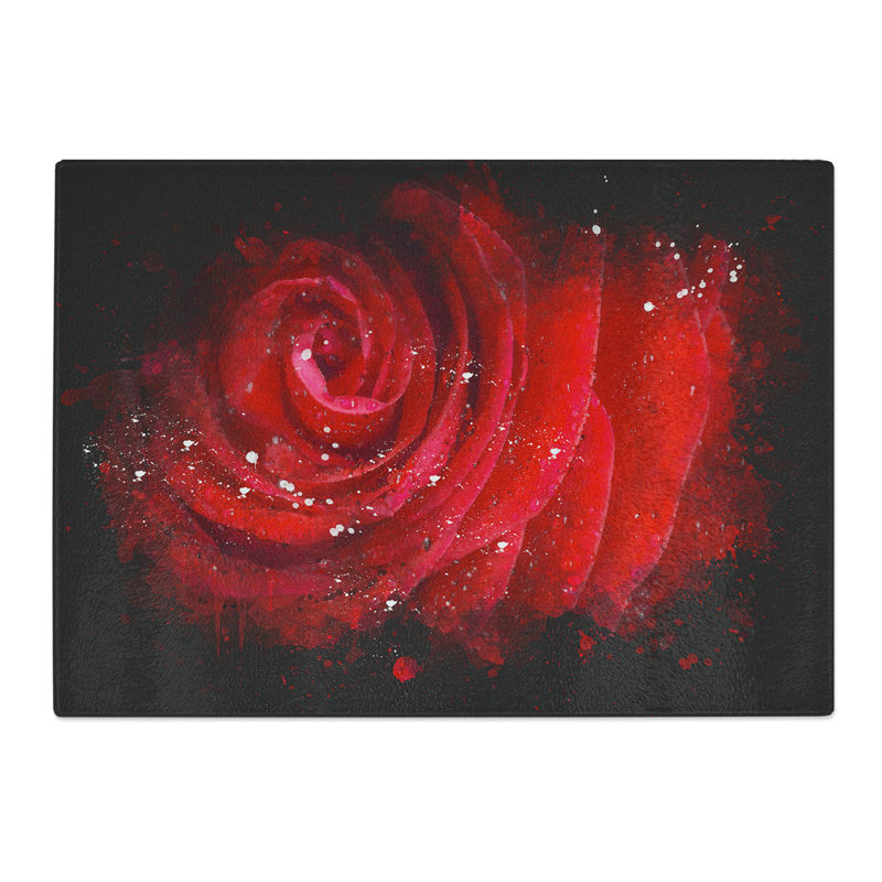 Tempered Glass Dewdrops upon a Red Rose Chopping Board, 20 cm x 28.5 cm