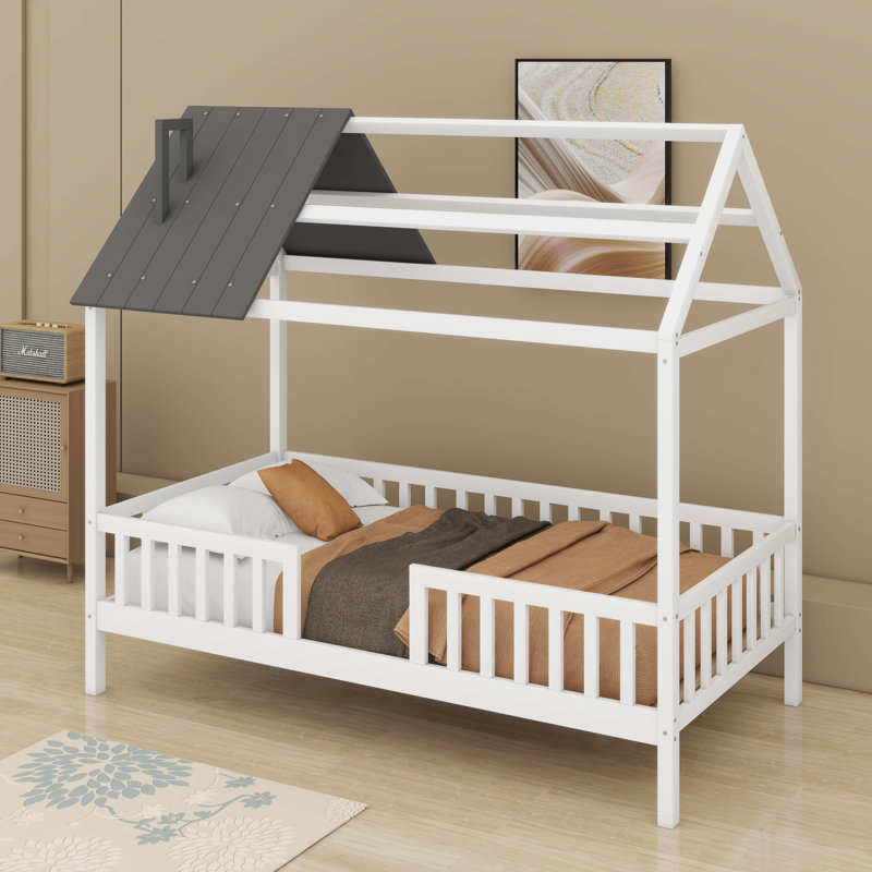 Twin Wood House Bed With Fence, White/Gray