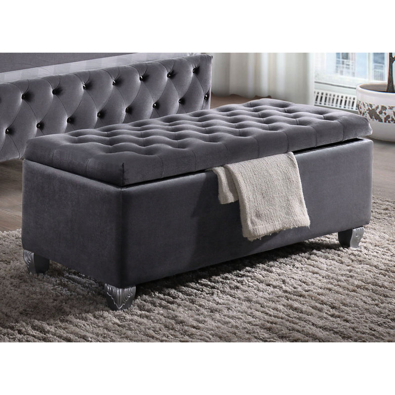 Banc de velours gris pour la chambre à coucher - Rangement relevable à la mode et pratique moderne et élégant