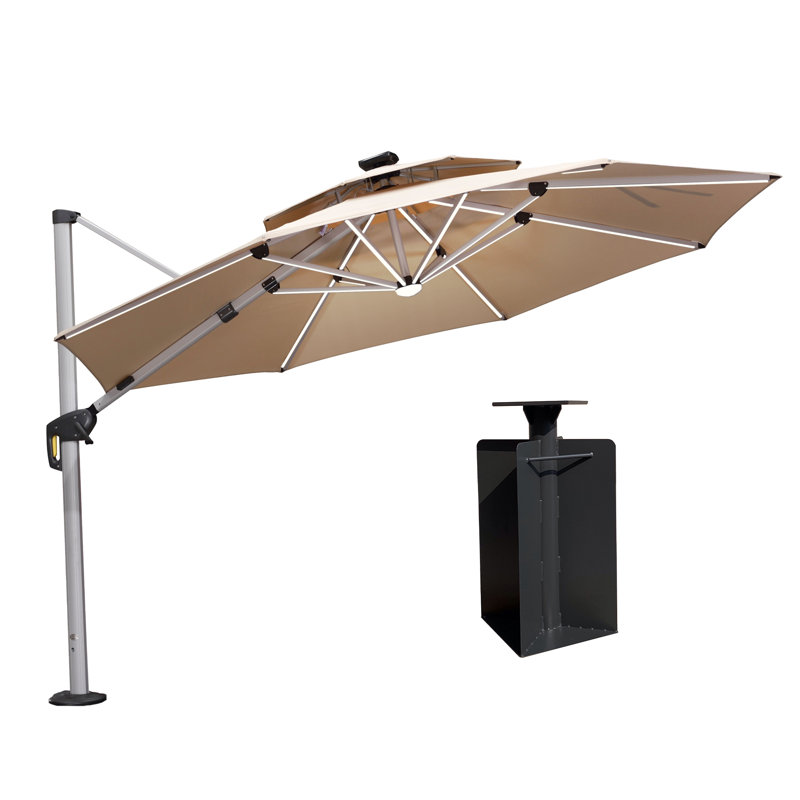 11' Cantilever Umbrella with Lights and Base in Ground, Beige
