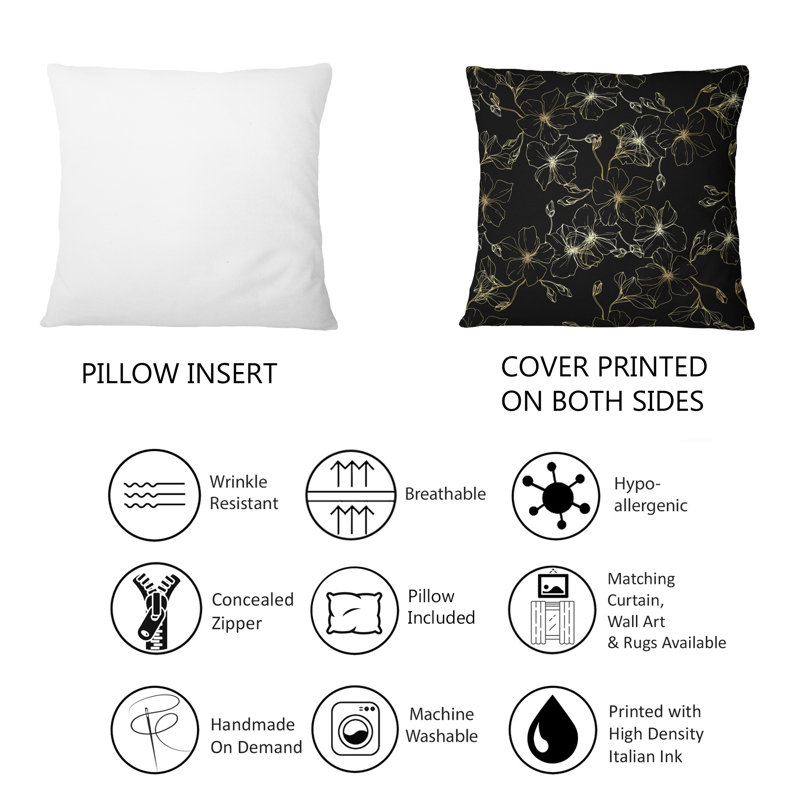 Coussin décoratif imprimé de fleurs de lin sur fond noir 1