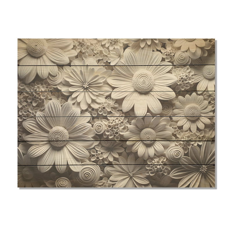 Black And White Seasonal Flowers Collage - Seasonal Flowers Wood Art On Natural Pine Wood, 10" H x 20" W