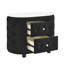 Chic table de chevet ovale noire avec surface en faux marbre, design à boutons et poignées de tiroir exquises, plateau moderne, tissu scintillant à deux tiroirs-150628654