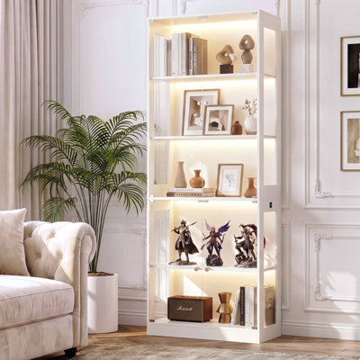Display Cabinet with 3-Color Sensor Light, 5-Tier Glass Door Bookshelf, Slim Collectible Bookcase Storage Shelf for Living Room