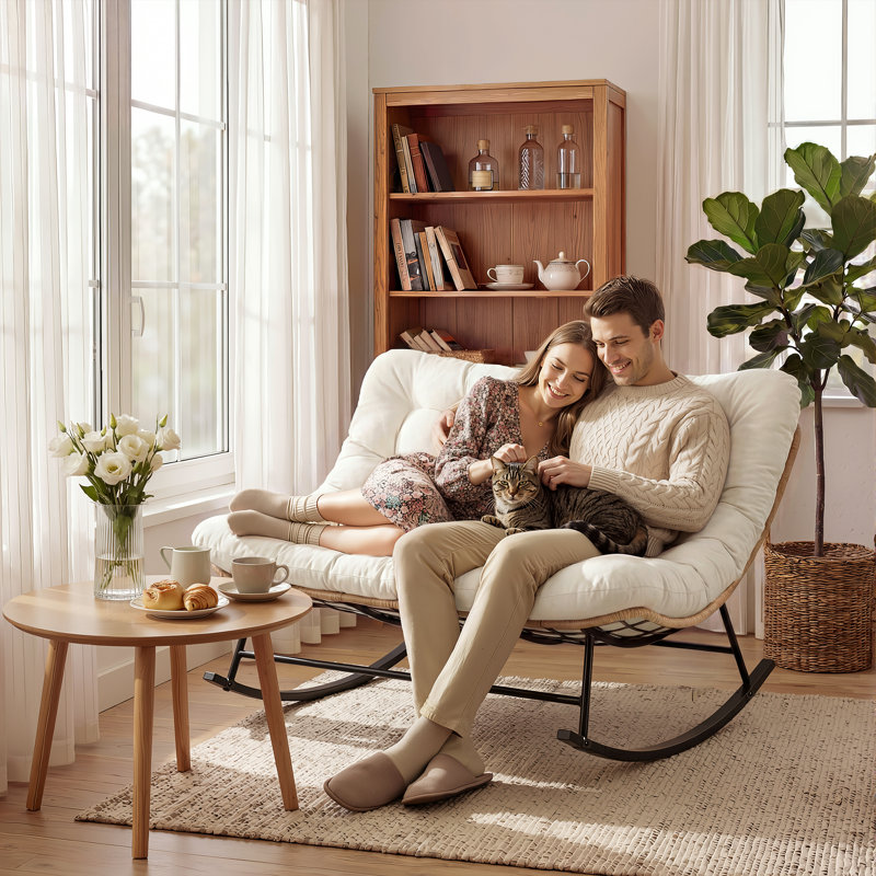Chaise berçante intérieure / extérieure avec coussin épais, structure en métal robuste supportant un mouvement berçant de 450 lb, tissu résistant à l'eau, simple et double
