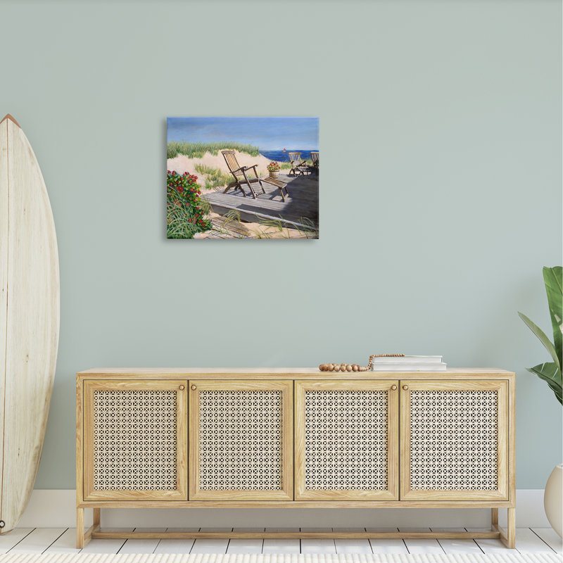 «Relaxing Waterfront Boardwalk Beach Chairs Summer Scene» par Tom Mielko - Peinture, Toile tendue