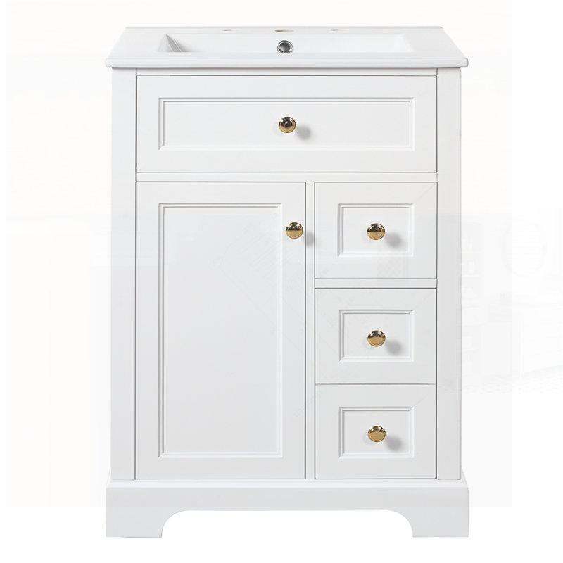 Meuble-lavabo blanc avec lavabo, panneau de fibres à densité moyenne et fabrication en bois de pin, 3 tiroirs et armoire avec support de rangement à 2 niveaux, porte et tiroirs à fermeture en douceur, conception moderne pour les petites et moyennes salles de bain