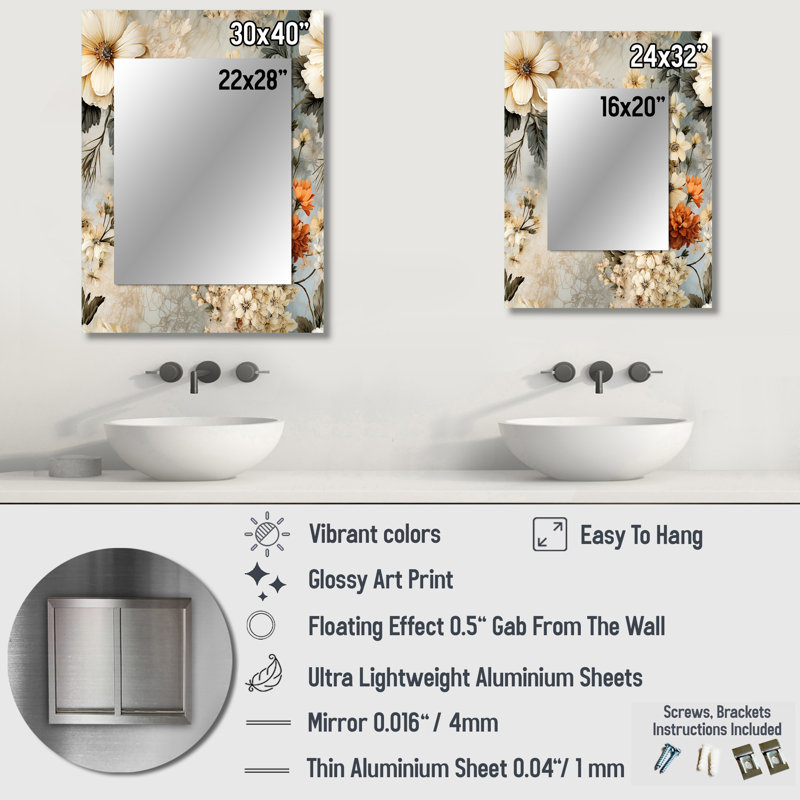 Décoration murale rustique rustique en dentelle - miroir floral, 40 po x 30 po