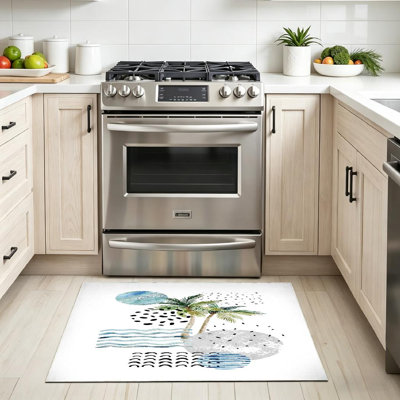 Tapis bleu à motif abstrait d'été lavable à la machine avec palmiers