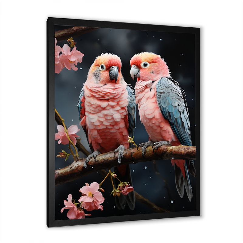 Whimsical Whispers Love Birds sur impression sur toile, Cadre photo noir simple, H 32 po x l 24 po x P 1 po