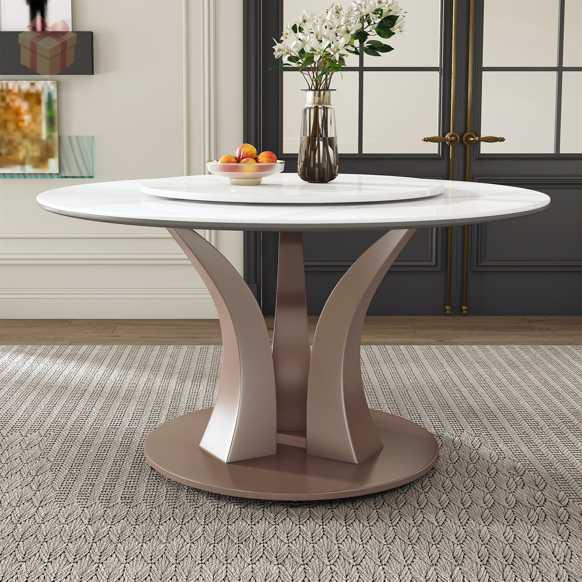 Brayden Studio Round Sintered Stone Dining Table with Rotating Tray ...
