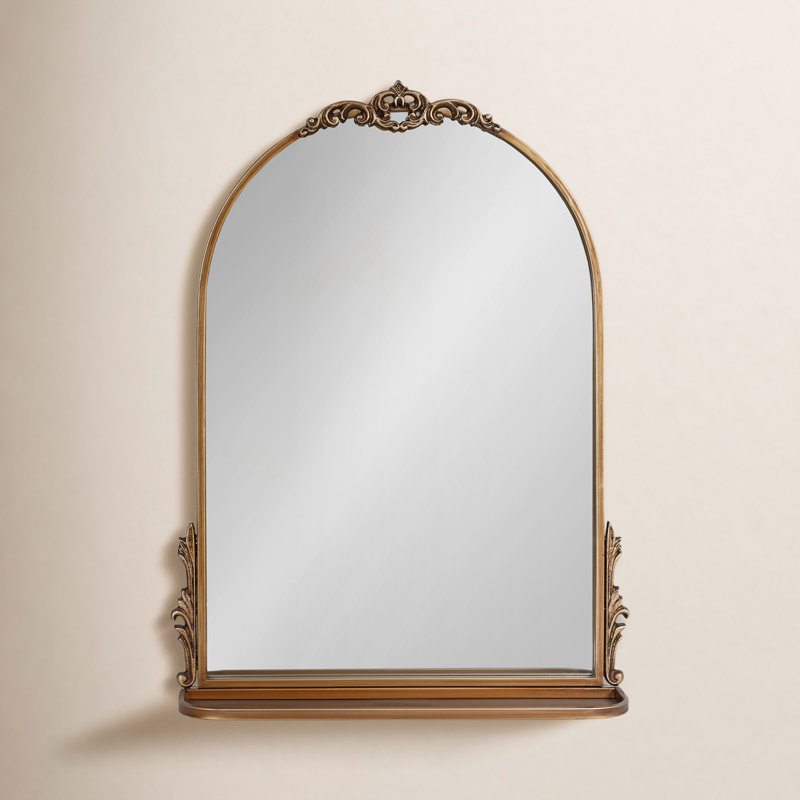 Canoby Metal Arch Mirror with Shelves, Gold