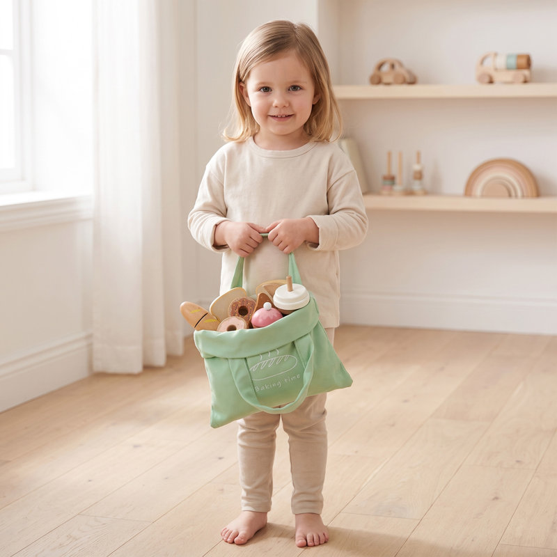 17-Piece Wooden Bakery Food Playset with Pastries, Coffee and Shopping Bag for Pretend Kitchen and Cafe Play