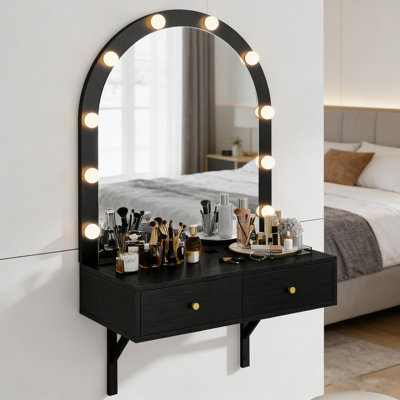 Modern Floating Makeup Vanity With Lighted Arched Mirror, Built-In Outlets & Storage Drawers