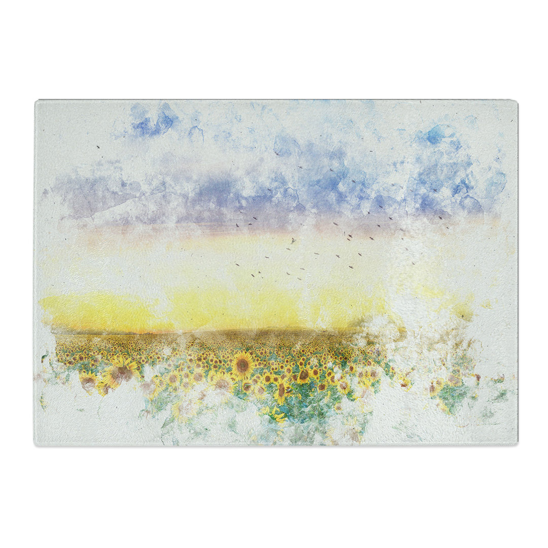 Tempered Glass Flock of Birds Above Sunflowers Chopping Board