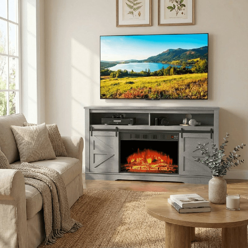 58'' Media Console TV Stand for TVs Up to 65", Entertainment Center with Included Electric Fireplace, Gray