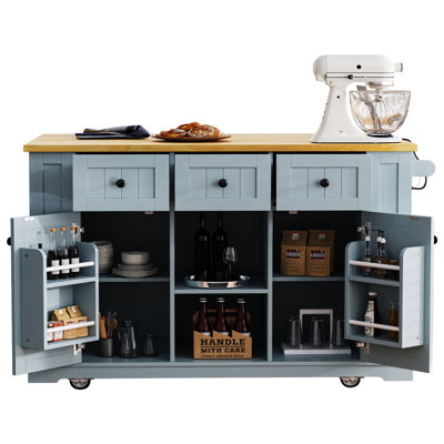 53Inch Large Kitchen Island With 2 Bar Stools, Power Outlet,Door Internal Storage Rack, Kitchen Storage Cart On 5 Wheels With Drop Leaf, 5 Open Side R by Lark Manor