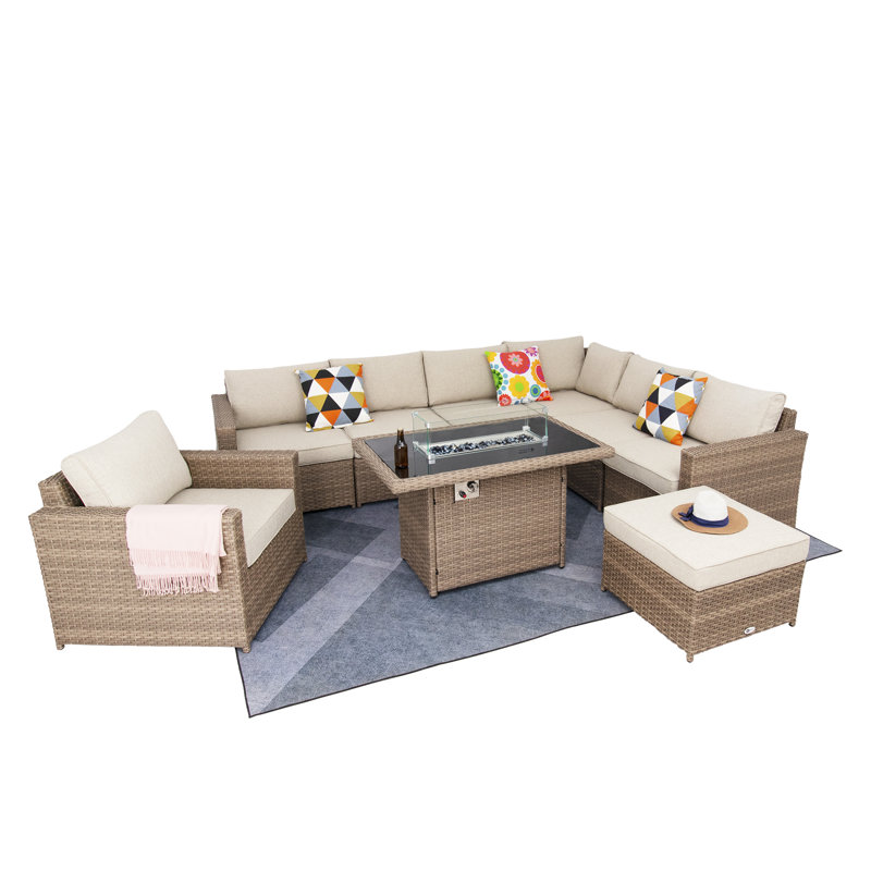 Fully Assembled 8 - Person Outdoor Sectional Seating Group With Fire Pit Table