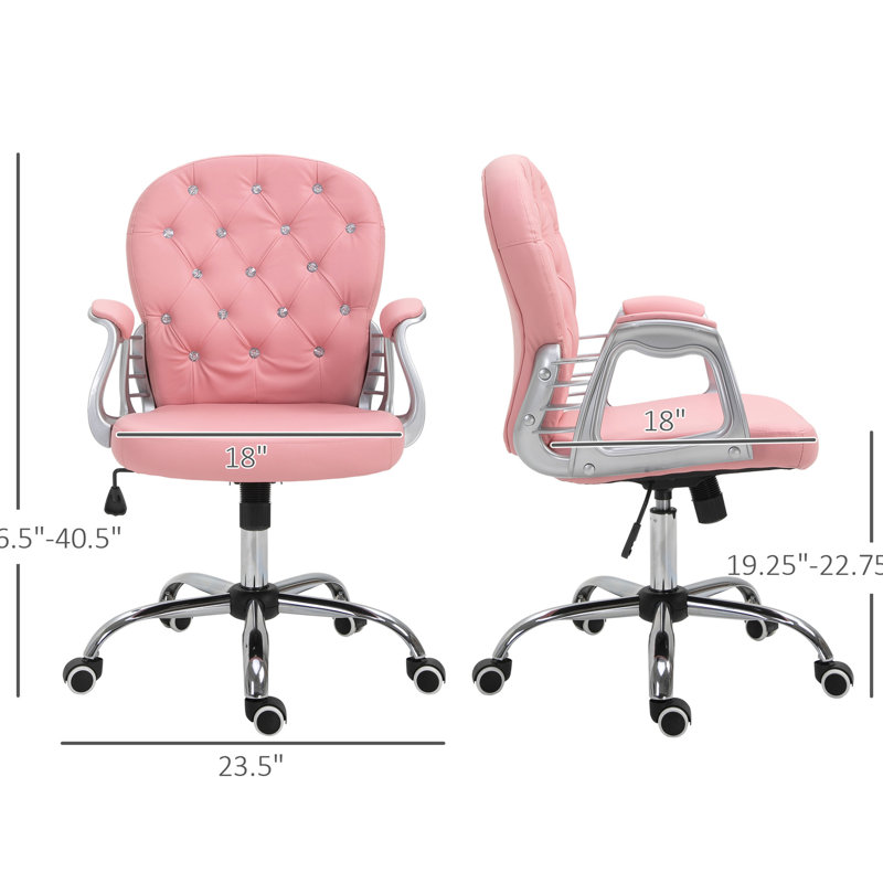 Fauteuil de bureau en cuir Pu rose à motif de boutons, rembourré, réglable en hauteur et pivotant pour un bureau de travail confortable de style rosé, fonction inclinable pour un espace de travail relaxant