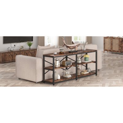Console 70,9 po avec tablettes de rangement, canapé industriel à 3 niveaux derrière le canapé, table d'entrée moderne avec structure en X en métal, bibliothèque de couloir étroite pour le salon, brun rustique